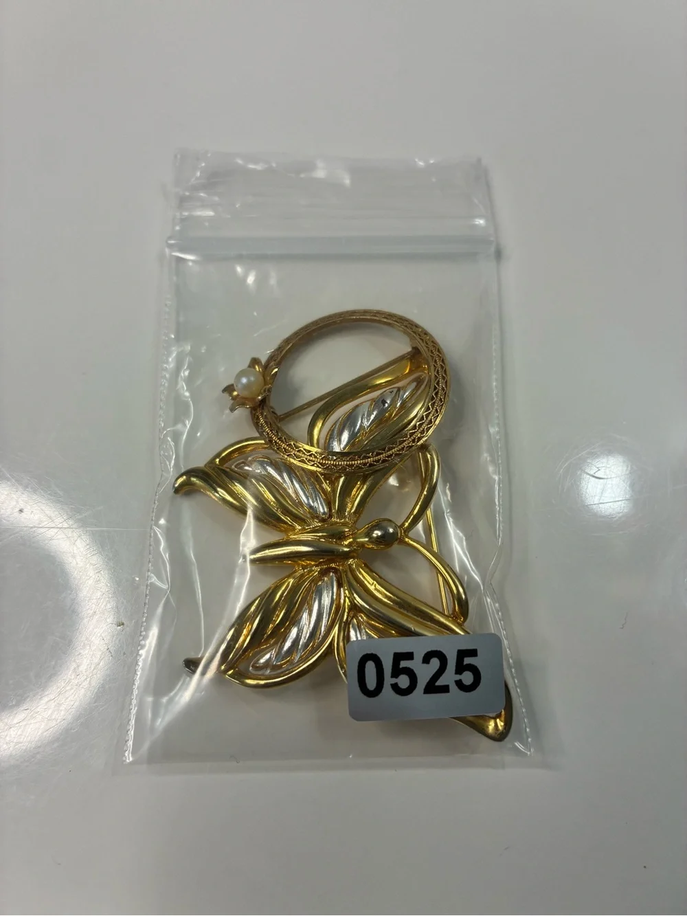Two-Tone Gold and Silver Butterfly Brooch and Classic Infinity Floral Pin